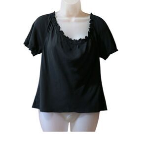 Black Ruffled 100% Silk Short Sleeve Off Shoulder Top 12